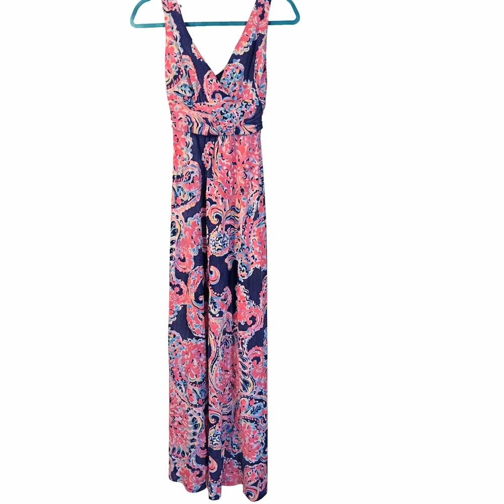 Lilly Pulitzer Maxi Dress Women’s XS Pink Navy Paisley Sleeveless V Neck